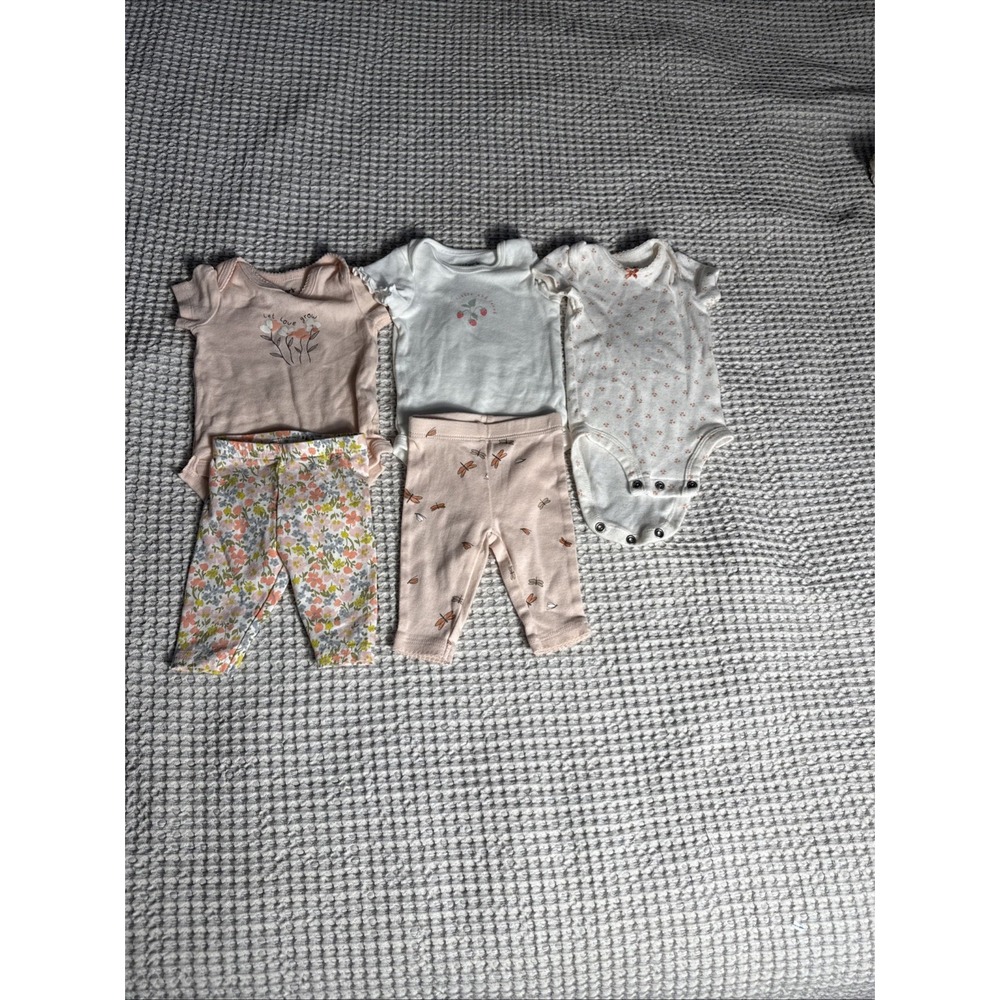 Carter's Baby Girl 5 Piece Outfit Bodysuits Leggings‎ Floral Dragonflies Newborn